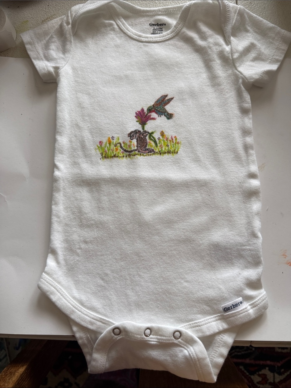 Hand Crafted Onesie  with 
Hummingbird & Mouse